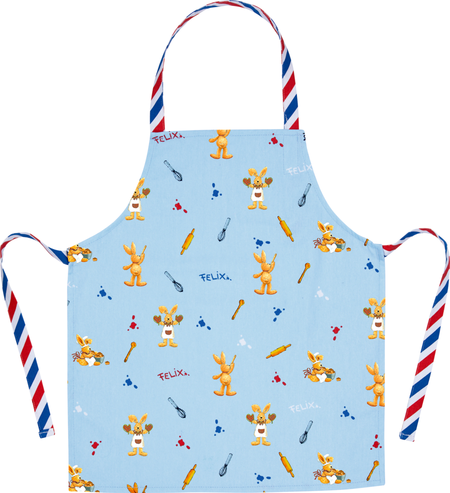 Hellblaue Schürze mit kleinen, darauf verstreuten Illustrationen von Hasen und Backutensilien.