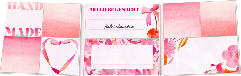 Rosa-weiße Etiketten mit floralen Mustern, einem Herz und dem Text „HAND MADE“ und „MIT LIEBE GEMACHT“.
