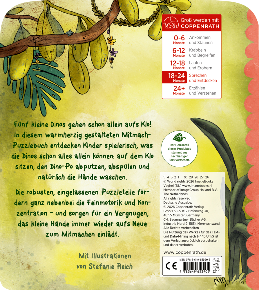 Rückseite eines Kinderbuchs mit Pflanzenillustrationen, Textabschnitten und Verlagsinformationen.