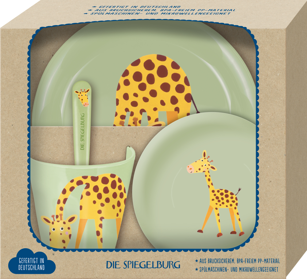 Kindergeschirrset mit Giraffenmotiv: Enthält Tasse, Teller, Schüssel und Löffel in einer Geschenkbox.
