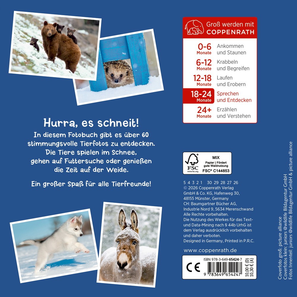 Rückseite eines Kinderbuchs mit Fotos von Braunbär mit Jungen, Igel im Schnee, spielendem Hund und Esel, dazu Text- und Verlagshinweise.