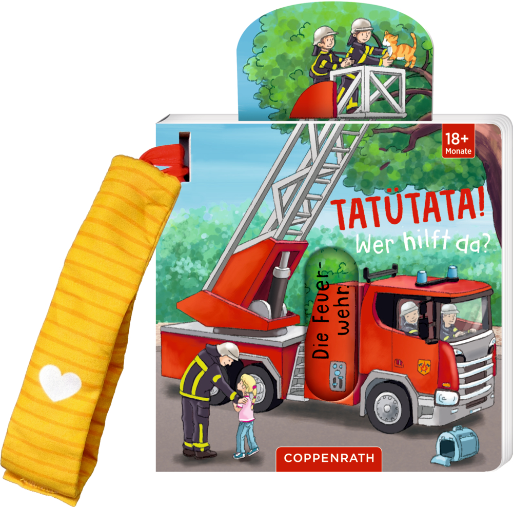 Kinderbuch: Feuerwehr rettet eine Katze aus dem Baum und hilft einem Mädchen am Feuerwehrauto.