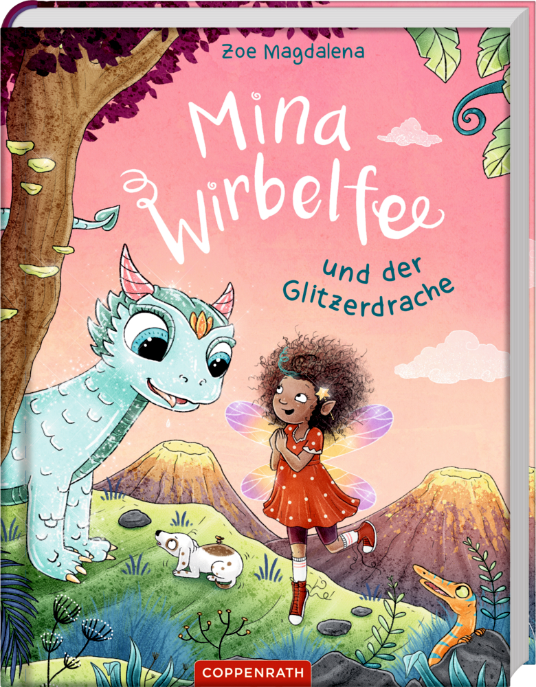 Buchcover mit Illustration einer kleinen Fee mit Flügeln in rotem Kleid neben einem hellblauen Drachen, Hund und bunter Landschaft mit Vulkanen.