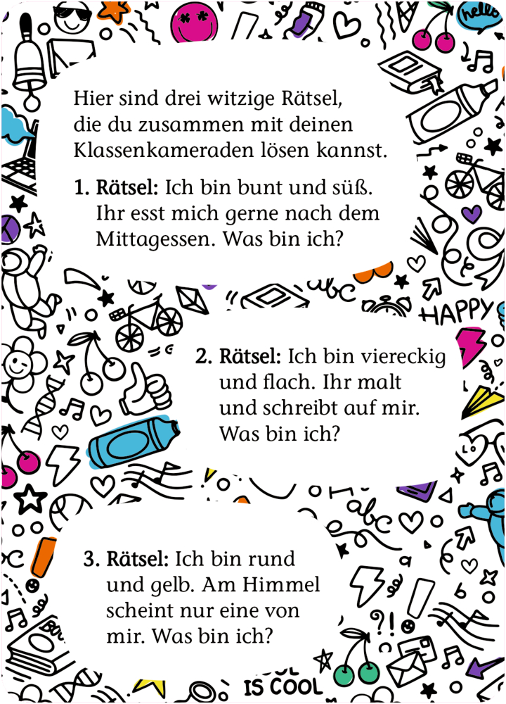 Drei Rätsel, umgeben von bunten Doodles: Sterne, Herzen und Lunchboxen.