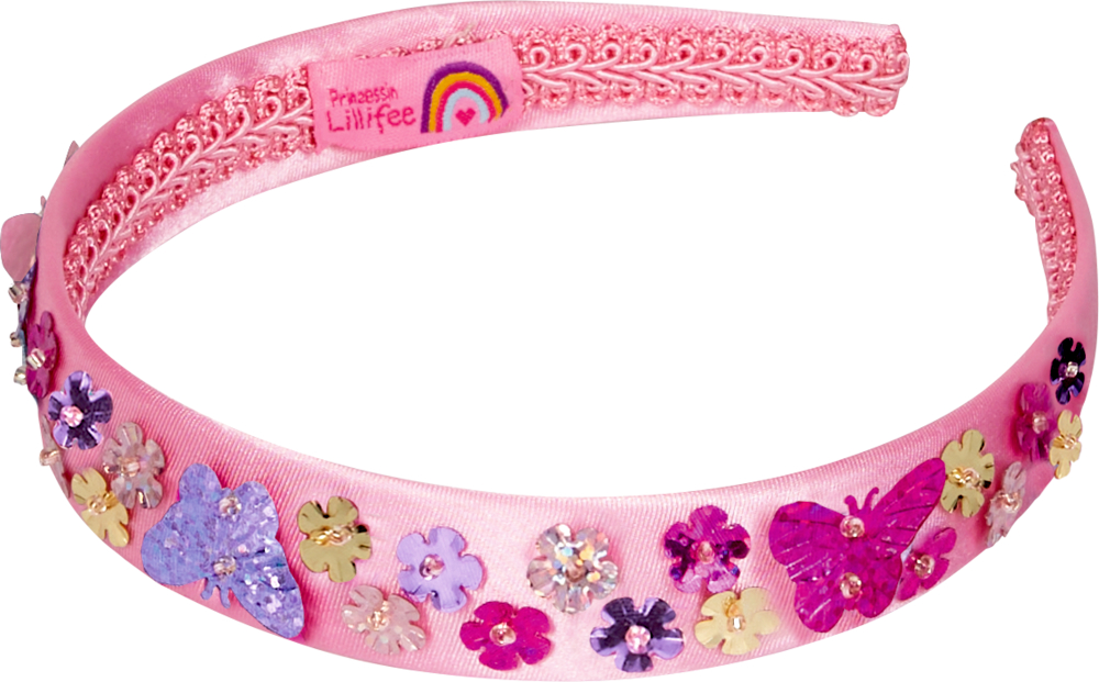 Rosafarbener Haarreifen, verziert mit Paillettenblumen und Schmetterlingen in Lila, Rosa und Gold.