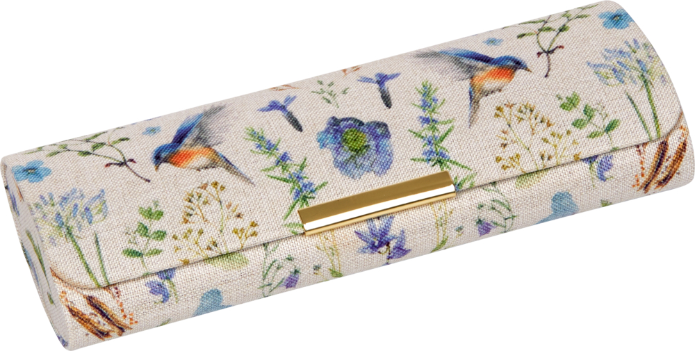 Brillenetui mit Blumen- und Vogelmuster in Blau- und Grüntönen mit goldenem Verschluss.