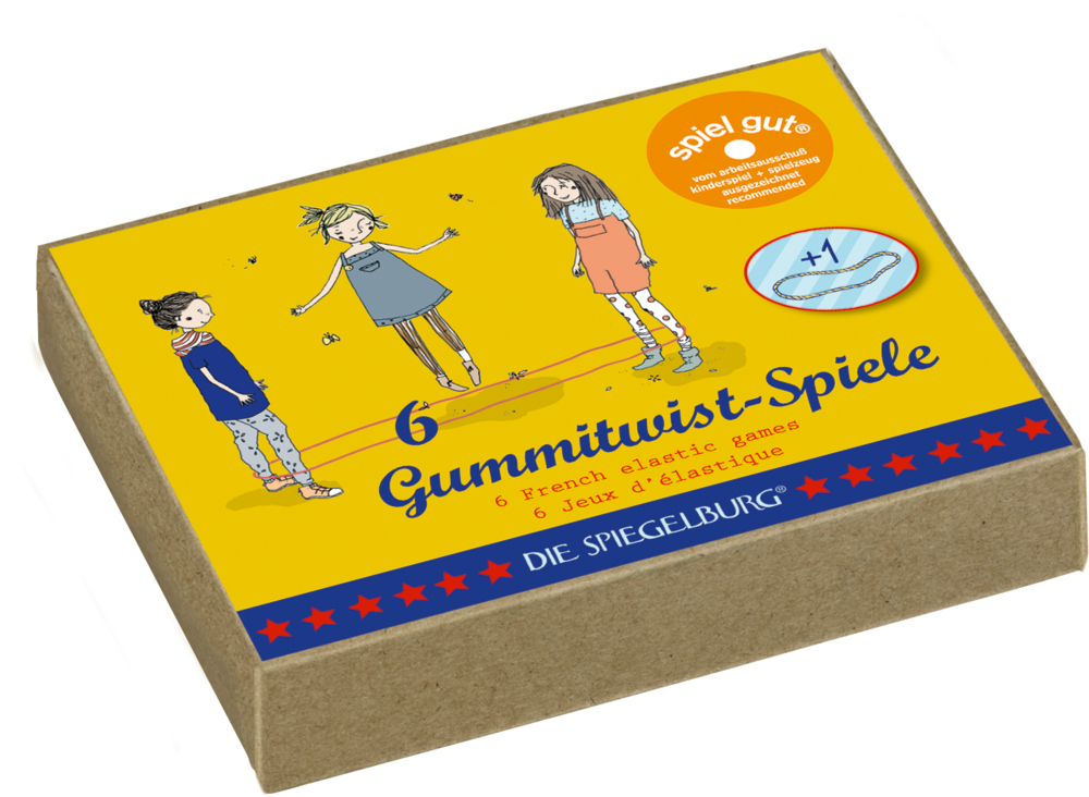 Auf der Schachtel mit der Aufschrift „Gummitwist-Spiele“ sind drei Mädchen abgebildet, die mit elastischen Seilen spielen.