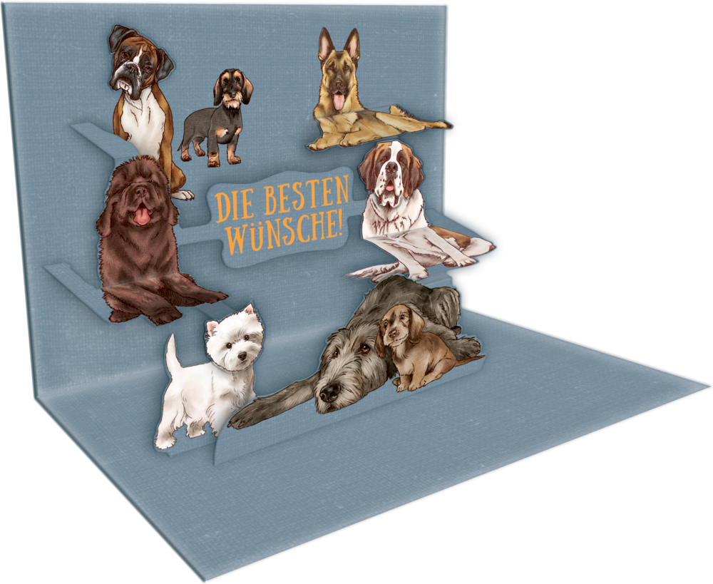 Klappkarte mit gezeichneten Hunden verschiedener Rassen und dem Text „Die besten Wünsche!“.