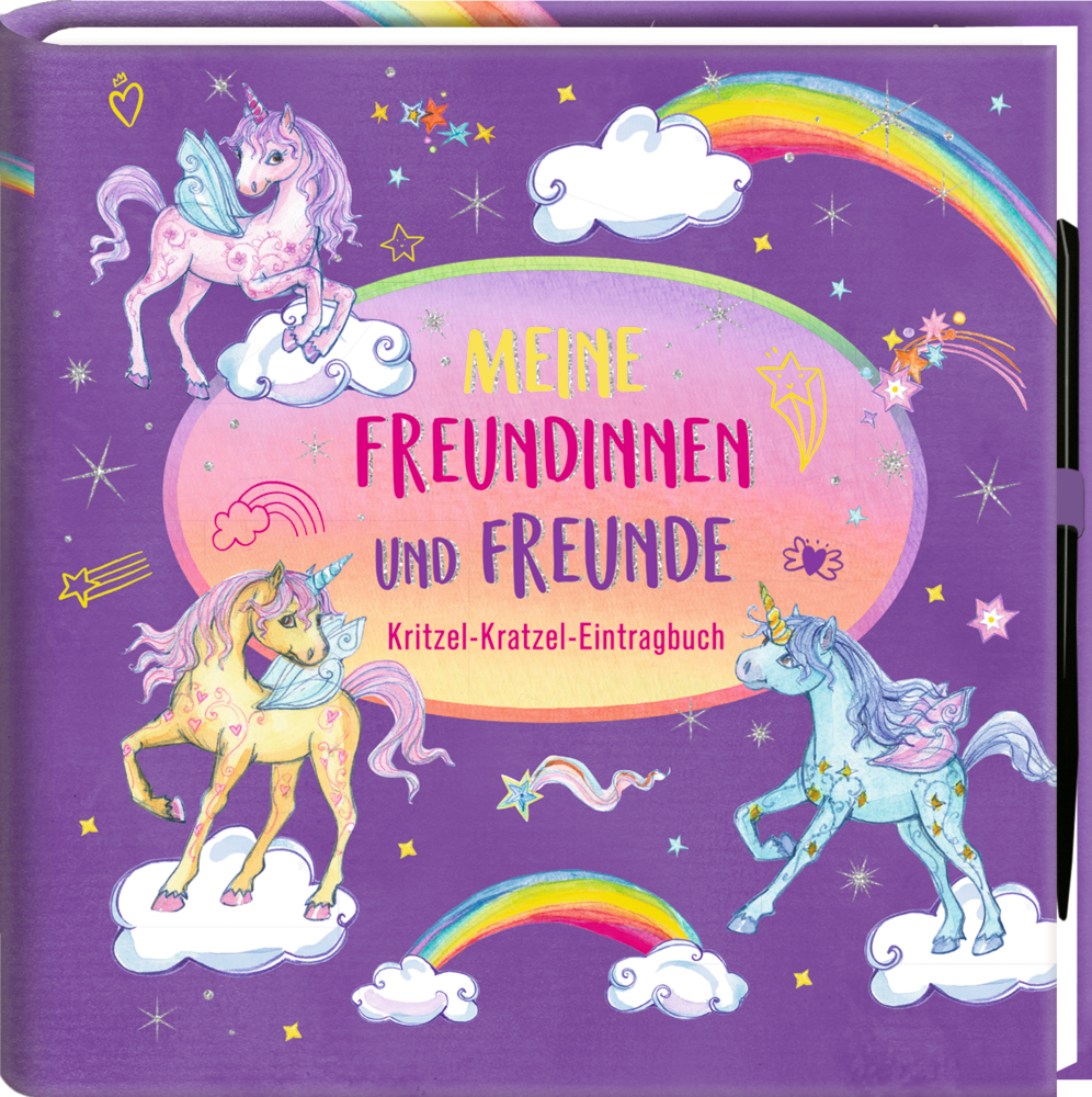 Lila Einband mit Einhörnern, Wolken und Regenbögen. Titel: Meine Freundinnen und Freunde Kritzl-Kratzeleintragbuch.
