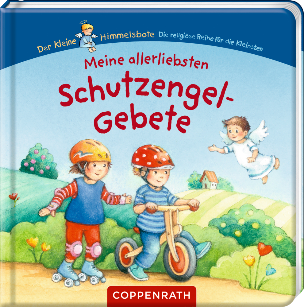 Zwei Kinder spielen draußen, während ein kleiner Engel über ihnen fliegt, auf dem Buchcover erscheint der titel"Meine allerliebsten Schutzengel-Gebete"