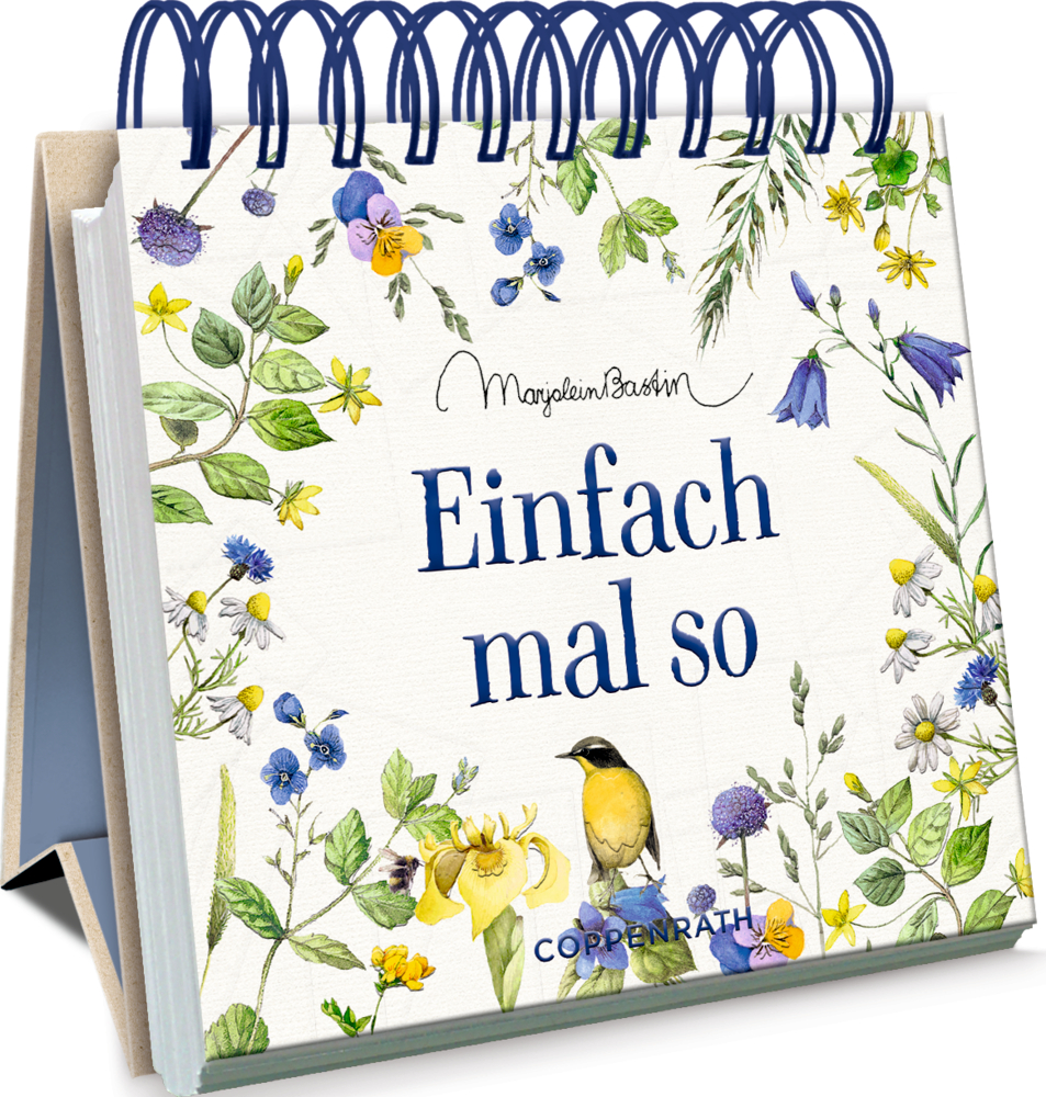 Spiralaufstellbuch mit Blumen, einem Vogel und dem Spruch „Einfach mal so“ auf dem Cover.