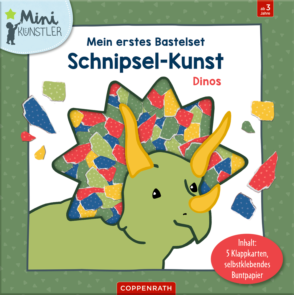 Bunter Papiermosaik-Dinosaurier mit drei Hörnern auf dem Cover eines Bastelsets für Kinder ab 3 Jahren.