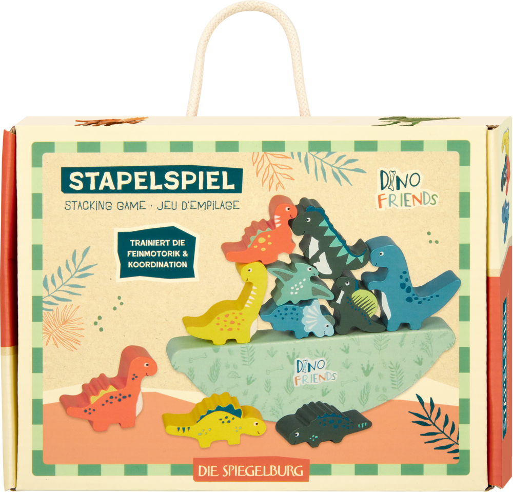 Stapelspielbox mit bunten Dinosaurier-Stapelfiguren aus Holz auf dem Deckel.