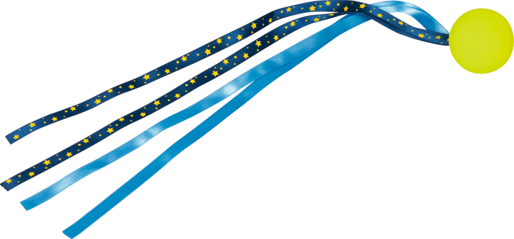 Ein gelber Flummi mit blauen Bändern und Luftschlangen mit Sternenmuster, die hinter ihm herziehen.