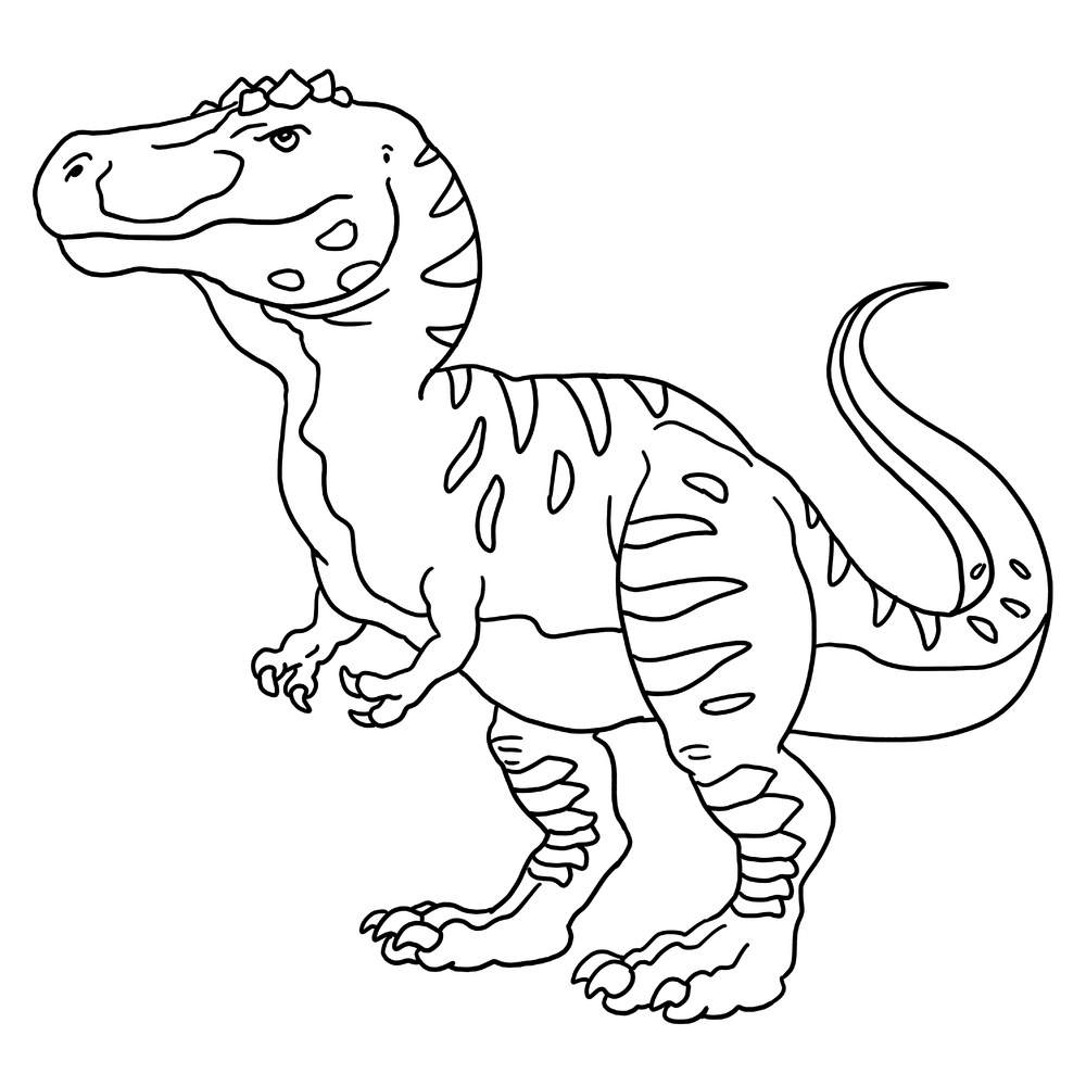 Schwarz-weiße Umrisszeichnung eines Dinosauriers mit kurzen Armen, kräftigen Beinen und gestreiftem Schwanz.