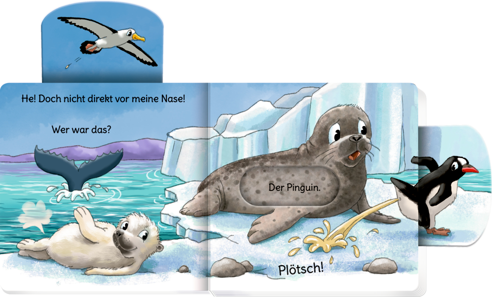 Buchinnenseite mit herausgezogenen Schiebern mit illustrierten Polartieren im Wasser und auf einer Eisscholle.