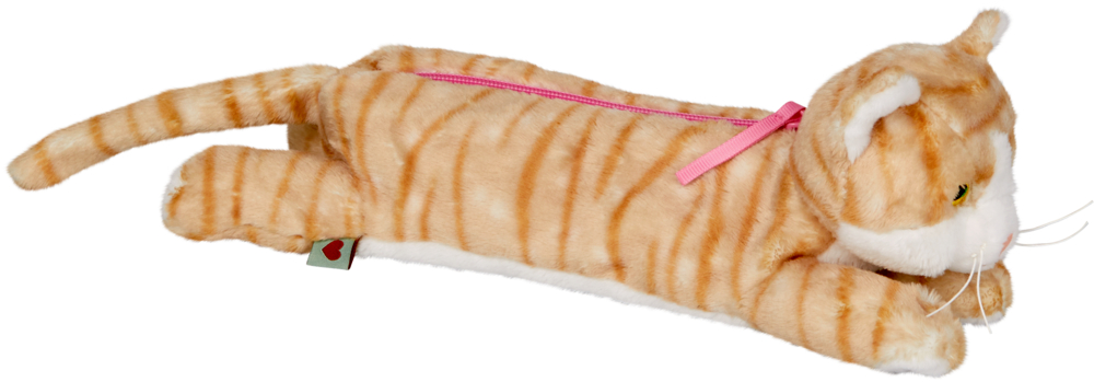 Plüschiges orangefarbenes Katzenetui mit rosa Reißverschluss, liegend mit ausgestrecktem Schwanz.