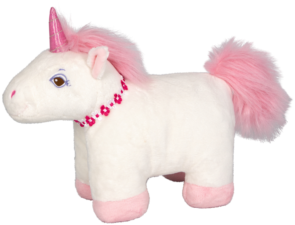 Plüsch Einhorn, weiß, mit rosa Hufen, Mähne, Schweif und Horn. Es trägt eine rosa Perlenkette.