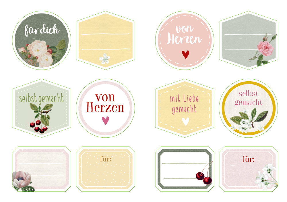 Set mit 12 dekorativen Etiketten mit deutschem Text, Blumenmotiven, Herzen und Kirschen in Pastellfarben.