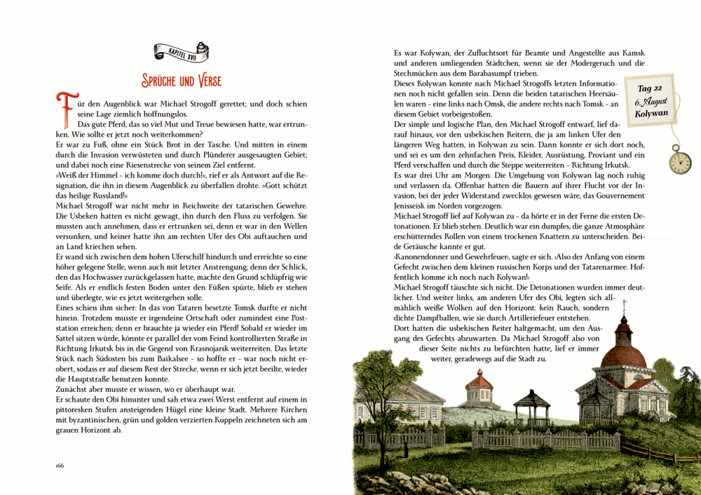 Zwei aufgeschlagene Buchseiten mit Text und einer Illustration kleiner Kirchen mit Kuppeln in grüner Hügellandschaft unten rechts.