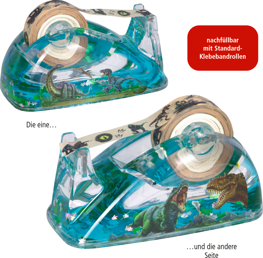 Transparenter Klebebandabroller mit grünen Dinosauriermotiven und eingelegter Klebebandrolle mit Dinosaurieraufdruck, beidseitig abgebildet.