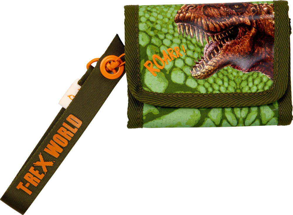 Grüne Brieftasche mit Bild eines brüllenden T-Rex, Text „ROARR!“ und Schlüsselband mit der Aufschrift „T-REX WORLD“.