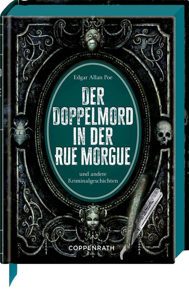 Dunkles, verziertes Cover für „Der Doppelmord in der Rue Morgue“ von Poe, mit Totenköpfen und einem Rasiermesser.