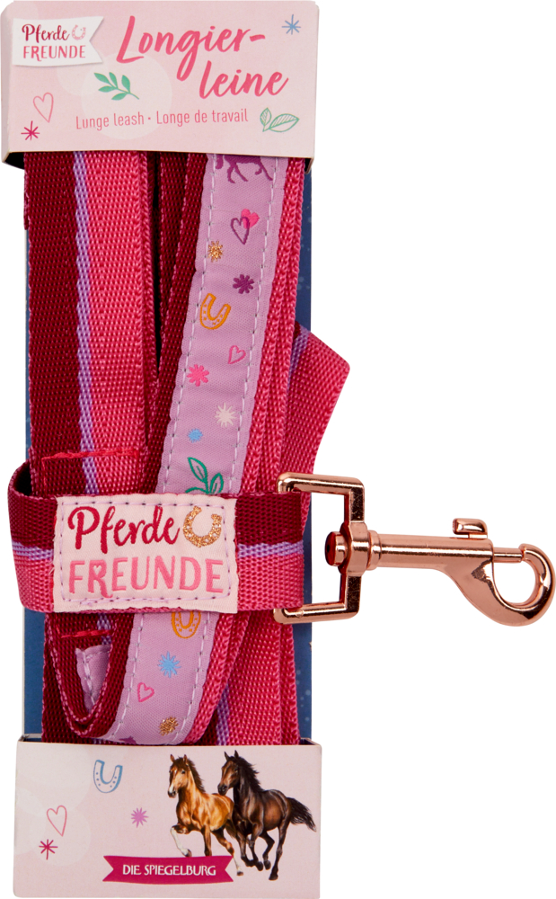 Pinkfarbene Longierleine mit Pferdemotiven, Metallverschluss und Pferde Freunde-Branding auf der Verpackung.
