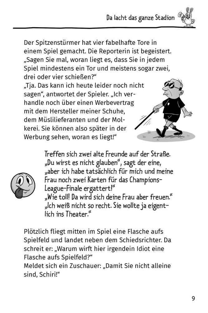 Buchseite mit Text und einem Fußballspieler, der eine Brille trägt und einen Stock in der Hand hält.