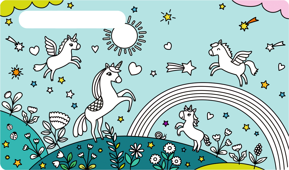 Einhörner und Pegasusse stehen neben einem Regenbogen. Sonne, Sterne, Herzen und Blumen sind sichtbar.