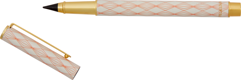 Gold-weißer Stift mit Rautenmuster, ohne Kappe und mit daneben platzierter Kappe abgebildet.