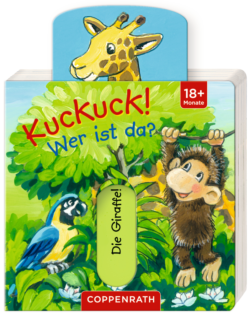 Farbenfrohes Kinderbuchcover mit Giraffe, Affe, Papagei und dem Titel: „Kuckuck! Wer ist da?“.