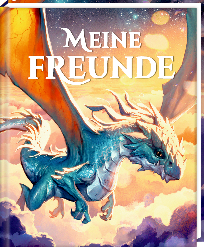 Ein blauer Drache mit orangefarbenen Flügeln fliegt zwischen Wolken. Über dem Kopf steht MEINE FREUNDE.