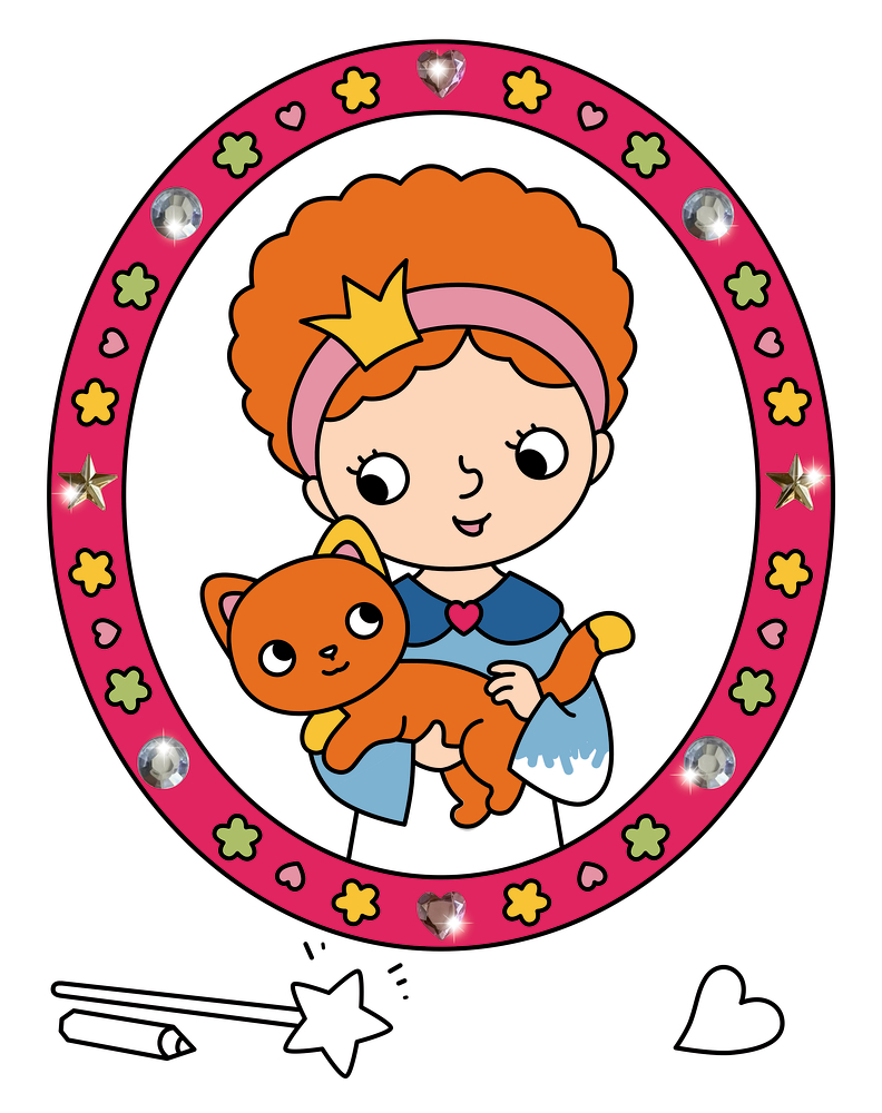 Illustration eines Mädchens mit Krone, das eine orange Katze hält, in einem pinken, mit Blumen und Herzen verzierten Rahmen.
