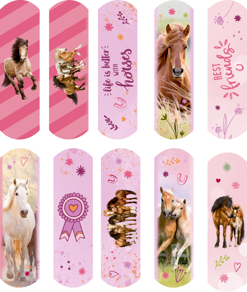 10 rosa Streifen mit Pferden, Blumenmustern und Texten wie „Best friends“ und „Life is better with horses“.