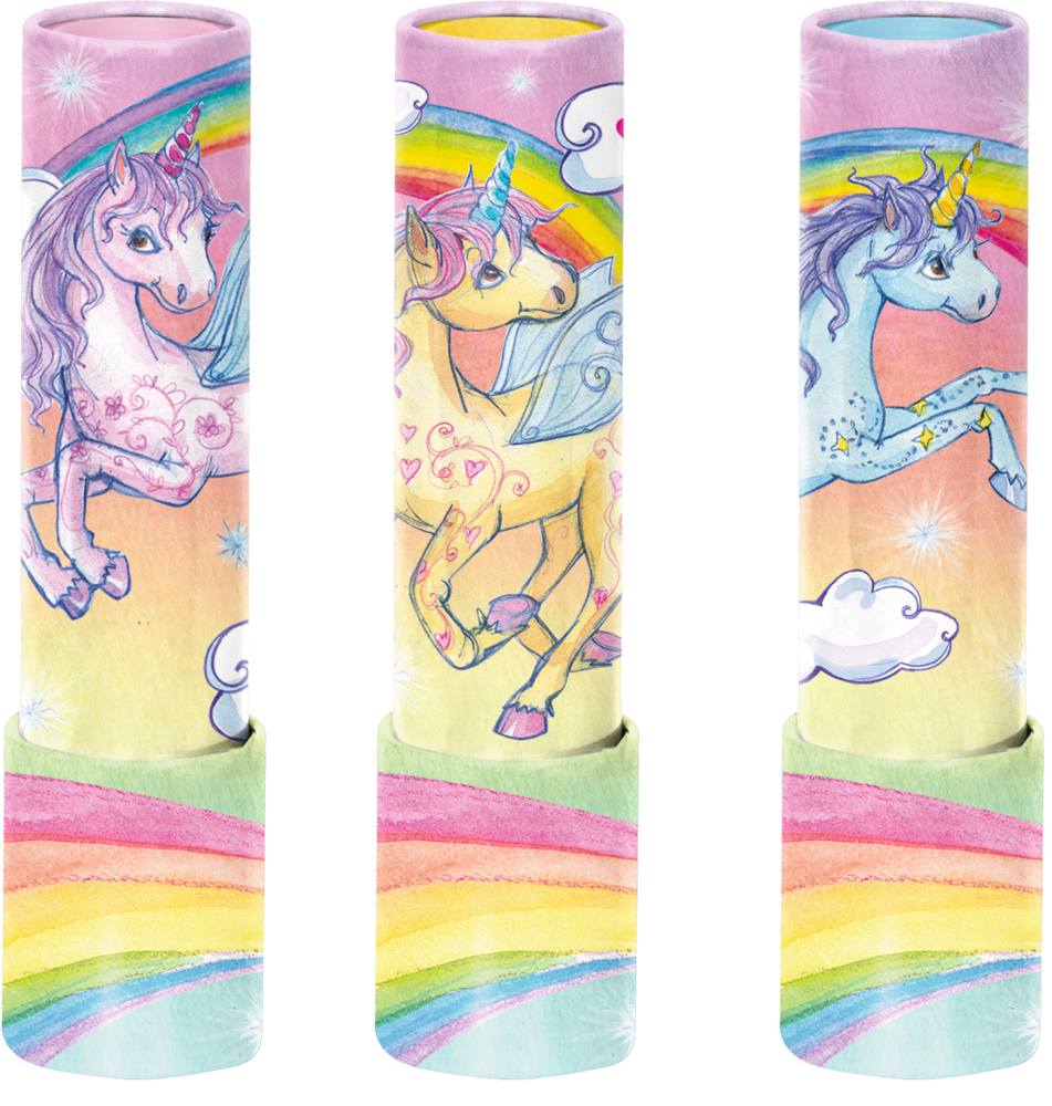 Drei pastellfarbene Röhren mit Einhorn-, Regenbogen- und Wolkenmotiven.