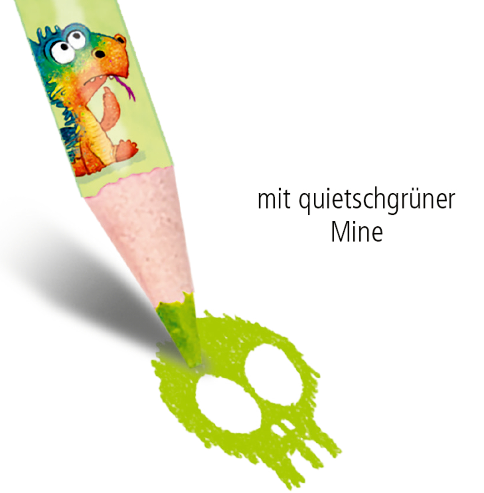 Buntstift mit grünem Schaft und Drachenmotiv, der eine leuchtend grüne Schädelzeichnung hinterlässt. Hinweistext "Mit quitschgrüner Mine".