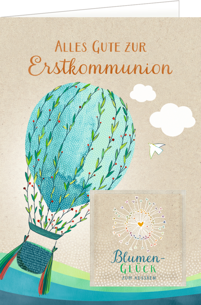 Heißluftballon mit Pflanzen, Gruß „Alles Gute zur Erstkommunion“ und Päckchen mit der Aufschrift „Blumen-Glück“.