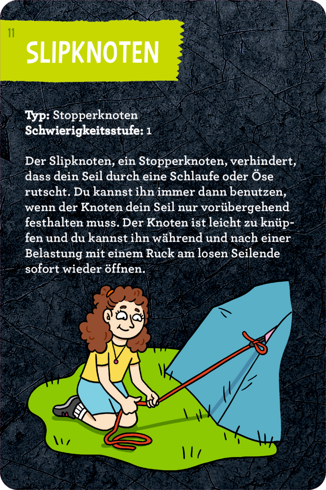 Illustration eines Mädchens, das ein rotes Seil vor einem blauen Zelt mit einem Slipknoten befestigt.