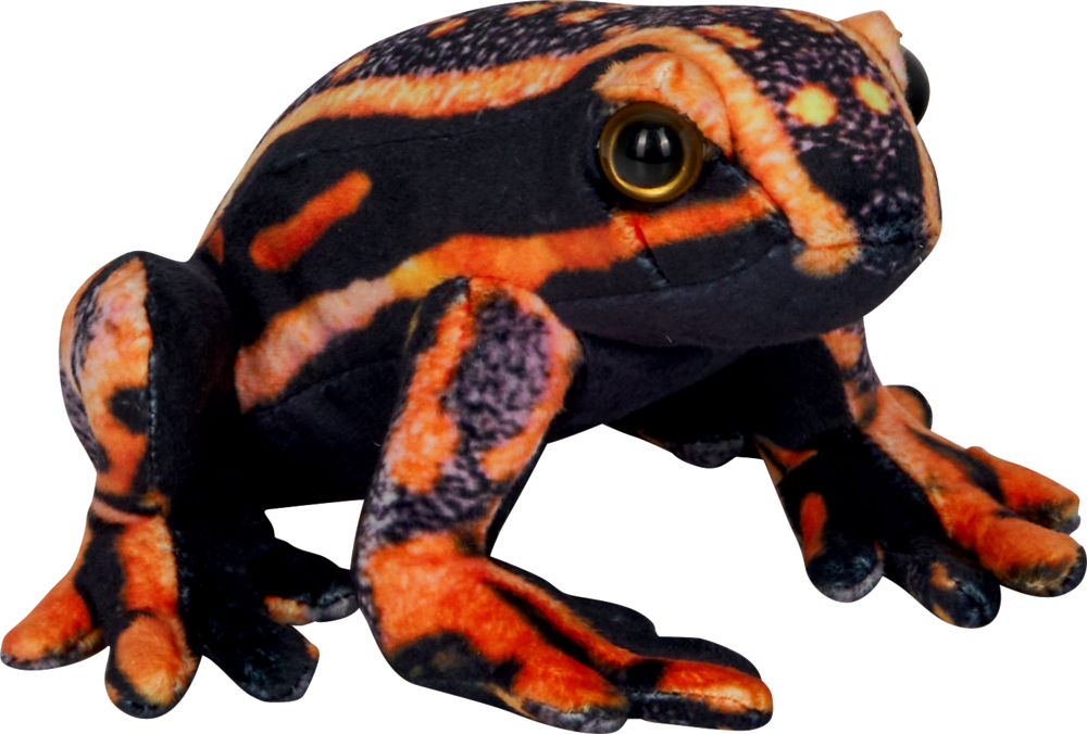 Ein Plüschfrosch mit schwarzen und orangefarbenen Streifen sitzt, Kopf leicht nach rechts gedreht.