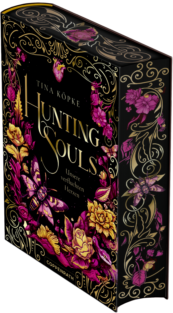 Bucheinand von Hunting Souls Band 2 mit goldenen und lilanen Blumen- und Insektenmuster auf schwarzem Hintergrund mit Farbschnitt.