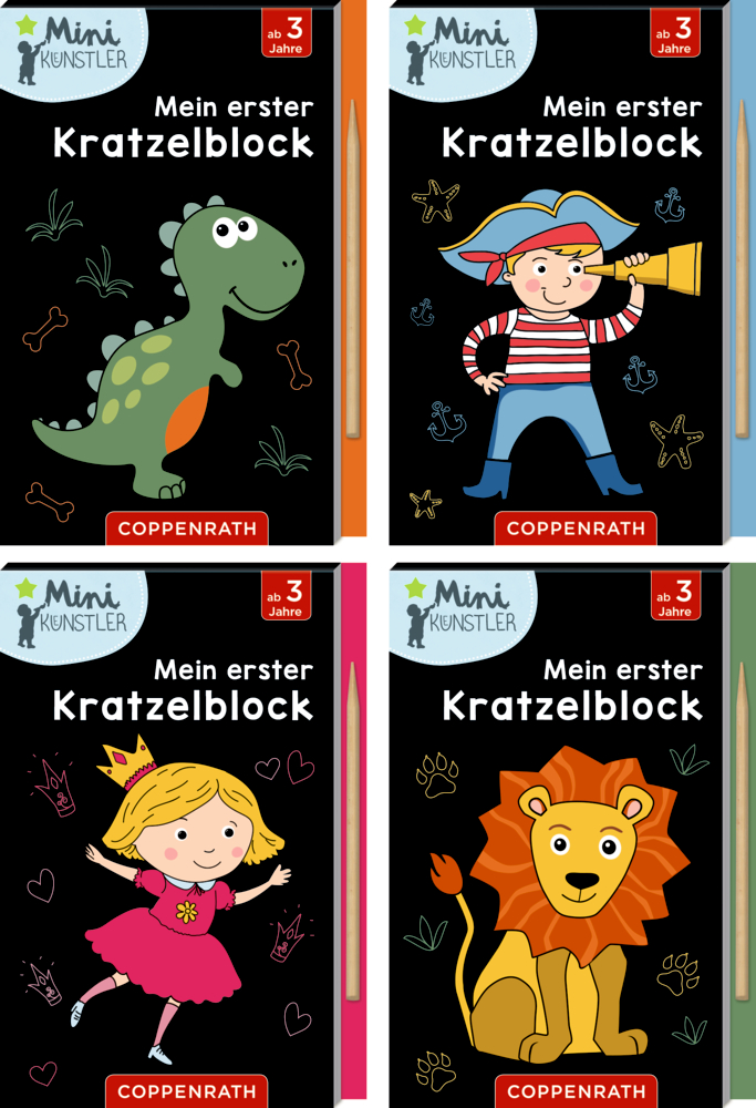 Vier Kratzelblöcke mit Dinosaurier, Pirat, Prinzessin und Löwe auf schwarzem Hintergrund.