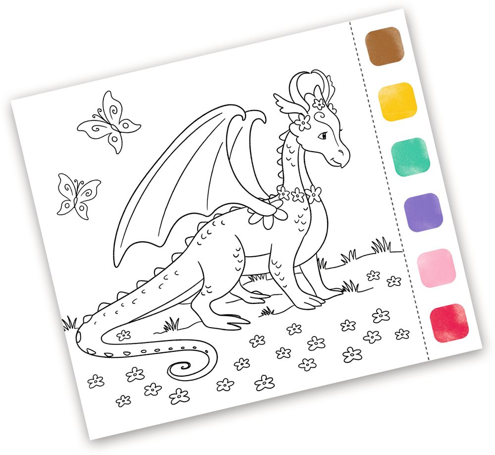 Drache mit Blumen und Schmetterlingen, sechs Farbfelder auf der rechten Seite.