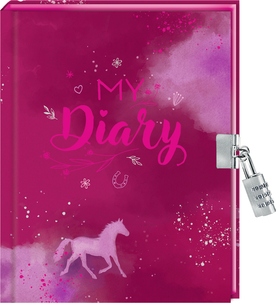 Rosa Tagebuch mit Pferdeillustration, Schloss und „Mein Tagebuch“ auf dem Cover.