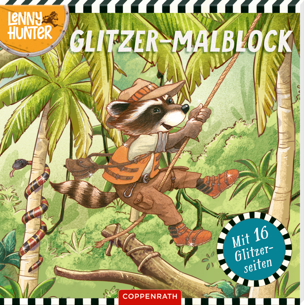 Buchcover mit der Illustration eines Waschbären mit Abenteuerausrüstung, der an einer Liane im Dschungel schwingt, mit Palmen und einer Schlange im Hintergrund.