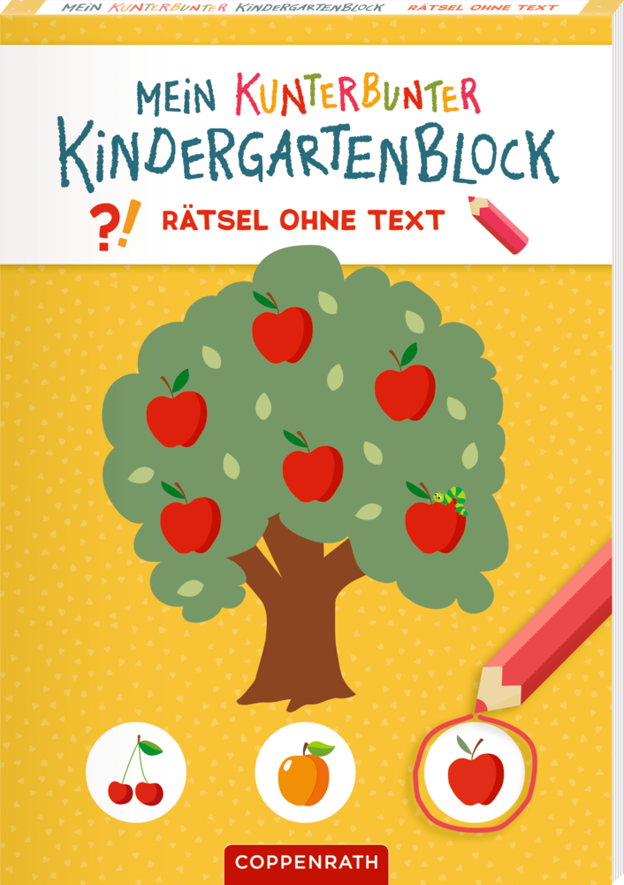 Illustration zeigt einen Apfelbaum mit roten Äpfeln und einem roten Stift vor gelbem Hintergrund, Buchcover.