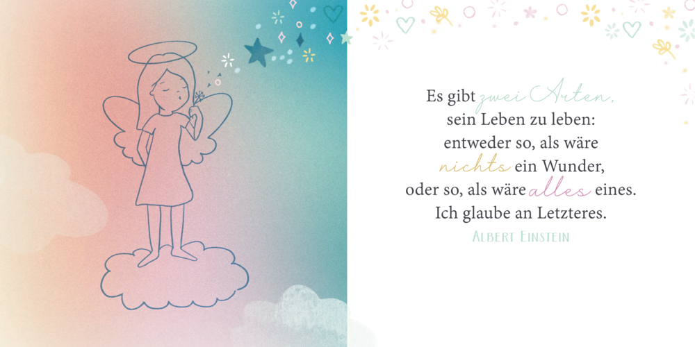 Illustration eines Engels mit Heiligenschein auf einer Wolke, daneben ein Zitat von Albert Einstein in bunter Schrift.
