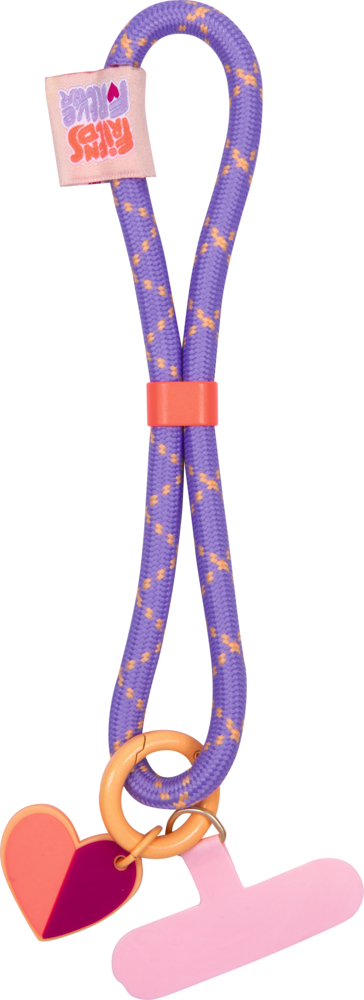 Lila und orange gemustertes Handyband mit rosa Befästigungsmöglichkeit fürs Handy, Herzanhänger in Orange und Dunkelpink und orangenem Ring.