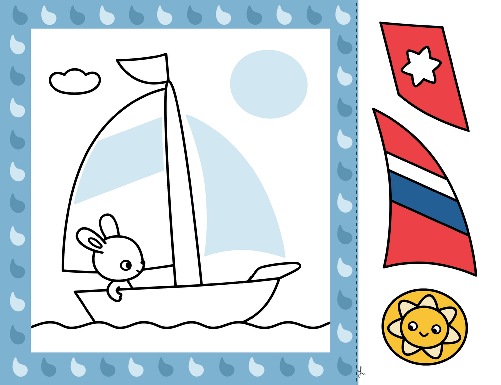 Ein Hase segelt ein Boot. Rechts sind zwei Fahnen und eine Sonne zum Ausschneiden. Blauer Rand mit Regentropfen.