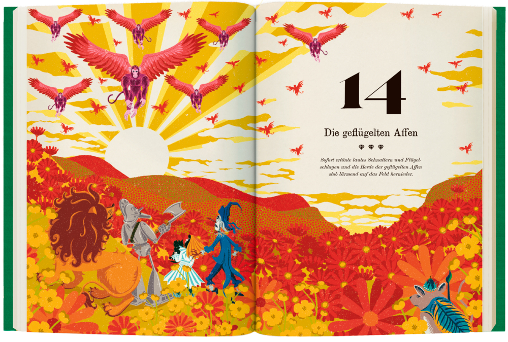 Bunte Figuren in einem rot-orangen Blumenfeld mit fliegenden Affen unter einem Sonnenaufgangshimmel.
